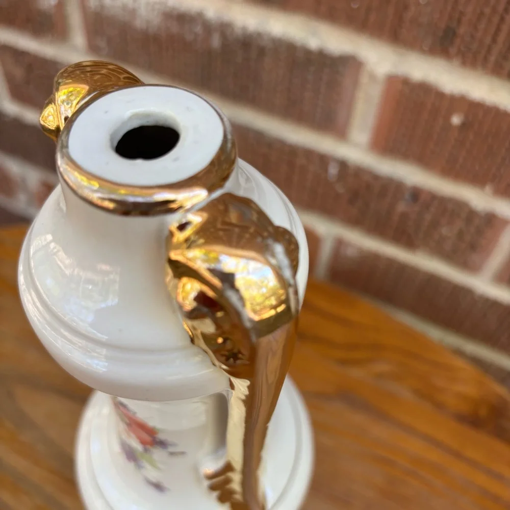 Vintage Hand Painted Porcelain Flower Lamp Base ONLY Golden accents